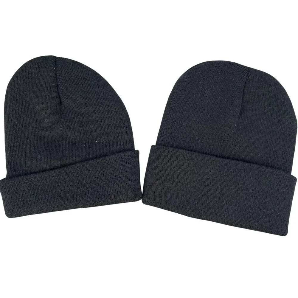 2 Mens Knit Caps 1 Star Embroidered 1 Solid Black Beanie Cuffed Winter Football